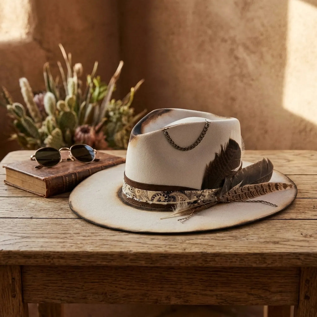 Cream Felt Western Hat with Leather Band and Chain Tassel