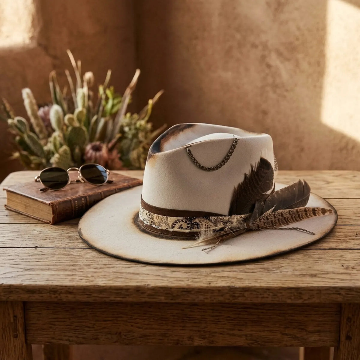 Cream Felt Western Hat with Leather Band and Chain Tassel