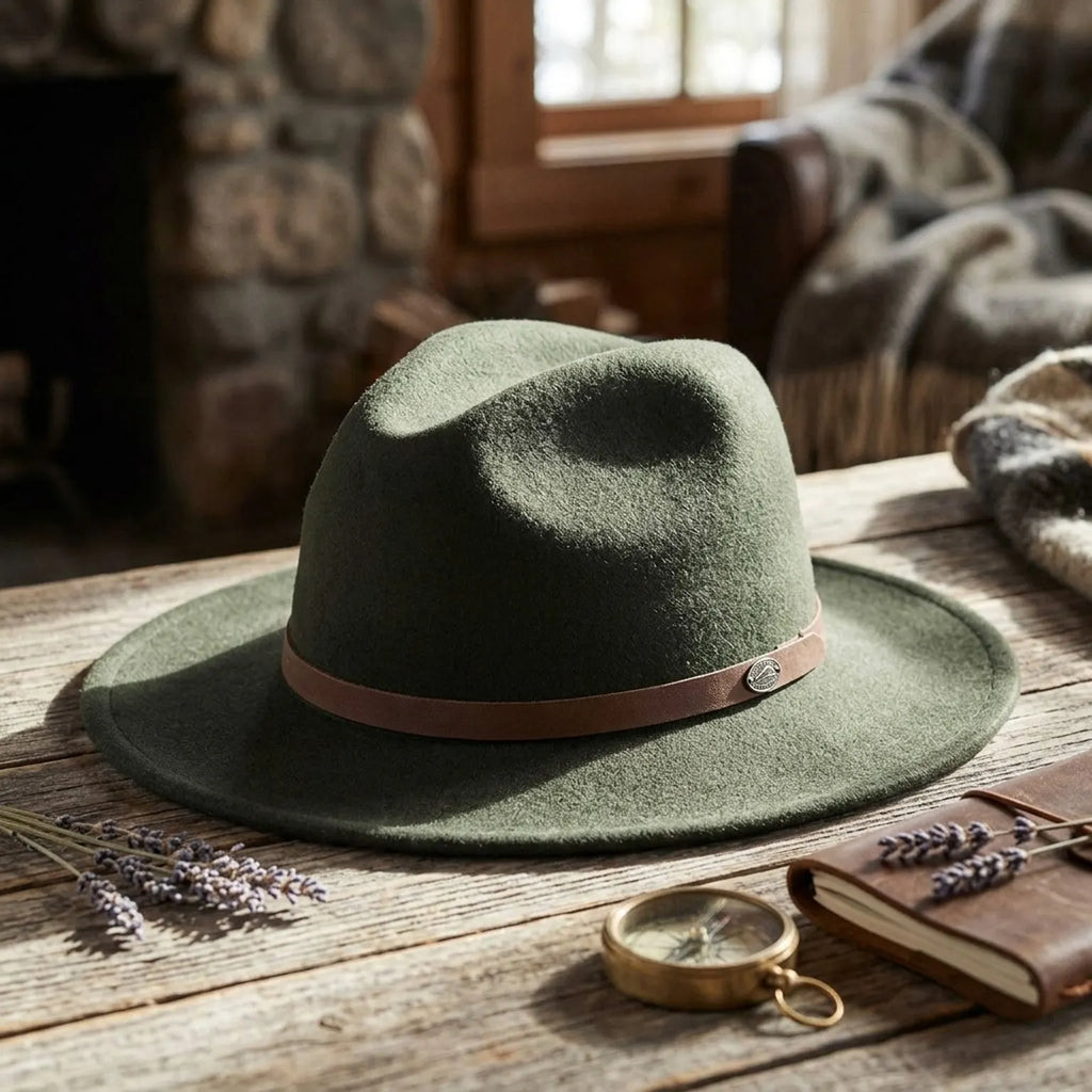 Olive Green Wool Felt Western Hat with Leather Band Unisex