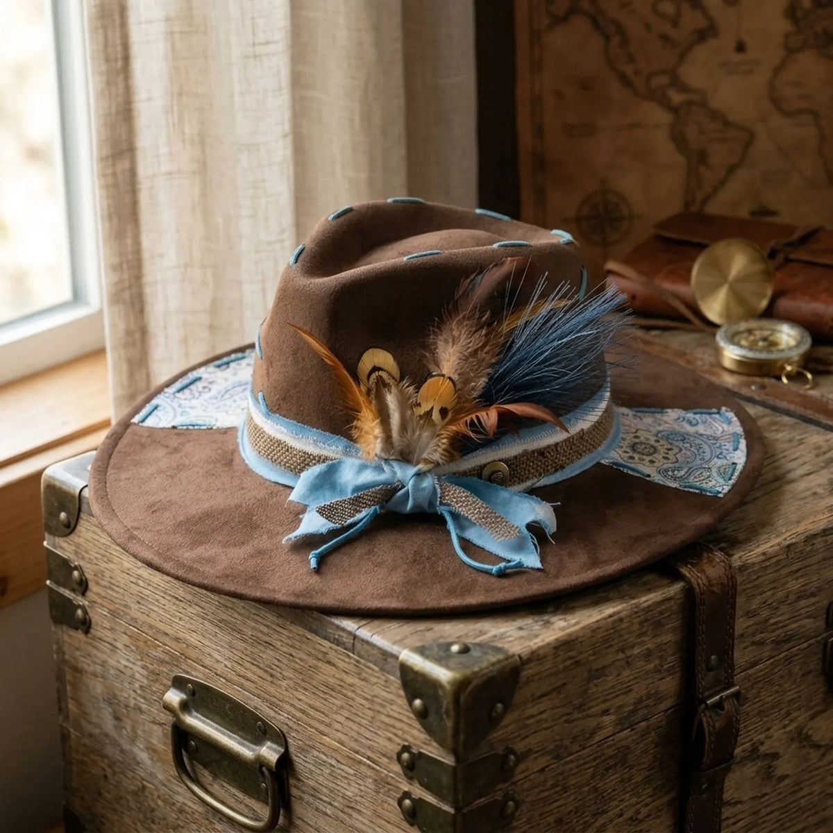 Brown Felt Fedora Hat with Patterned Fabric Wrap and Feathers