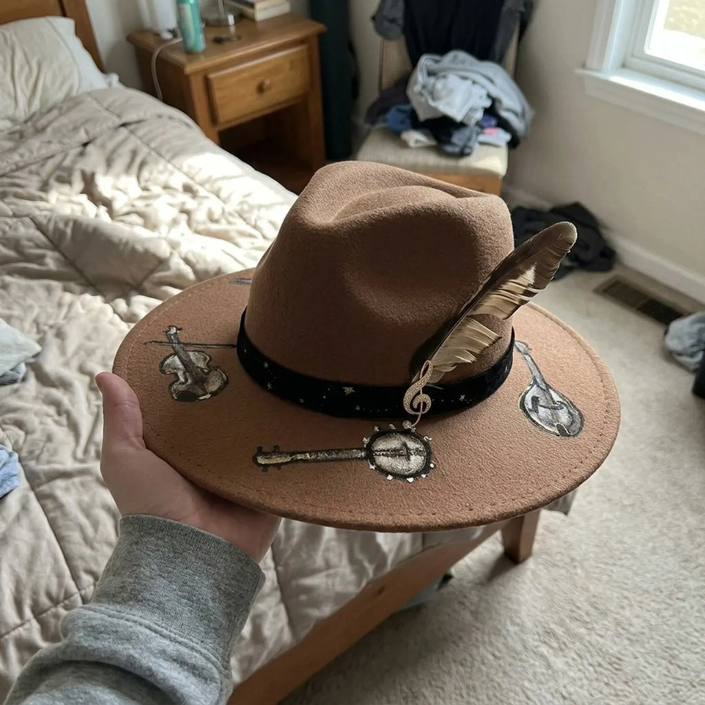 Brown Fedora with Musical Instrument Art, Velvet Band and Feather