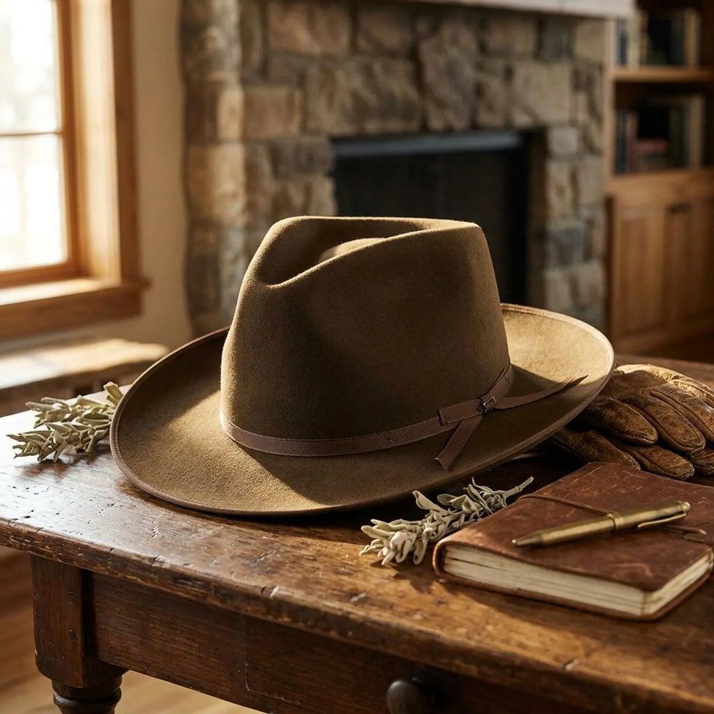 Dark Olive Wool Felt Fedora with Grosgrain Strap and Buckle