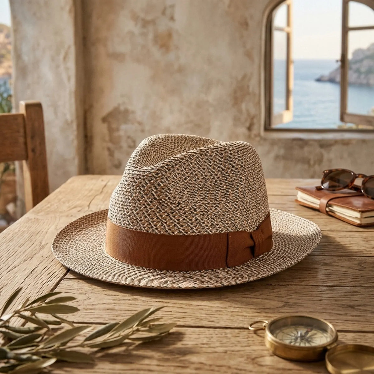 Woven Two-Tone Patterned Straw Fedora with Brown Band