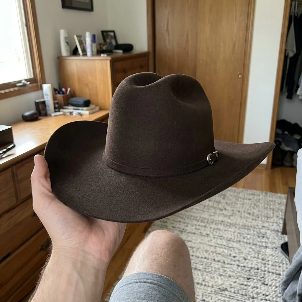 Dark Brown Felt Cowboy Hat with Pinched Crown and Curled Brim