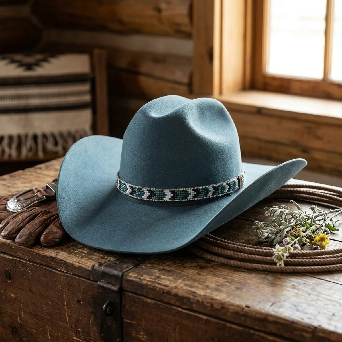 Teal Wool Felt Western Hat with Beaded Band and Rhinestone Trim