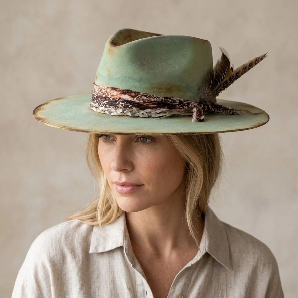 Aged Teal Fedora with Paisley Band and Natural Feather Detail