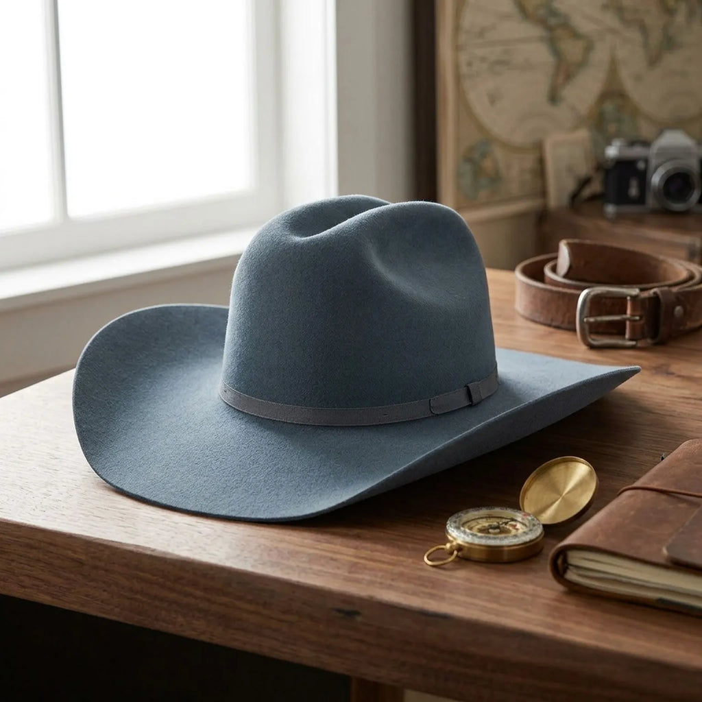 Unisex Blue Gray Wool Felt Cowboy Hat with Ribbon Trim