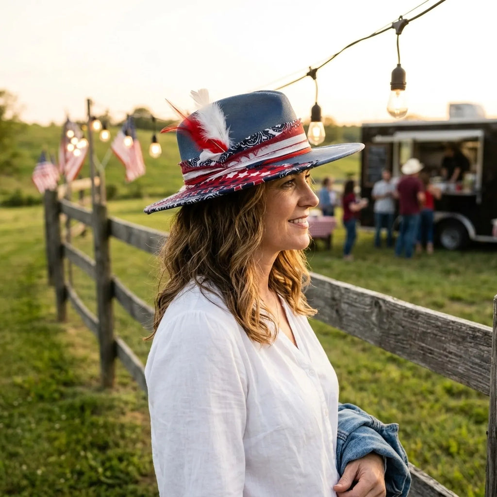 Patriotic Blue Cowboy Hat with Star Print and Feather Accent