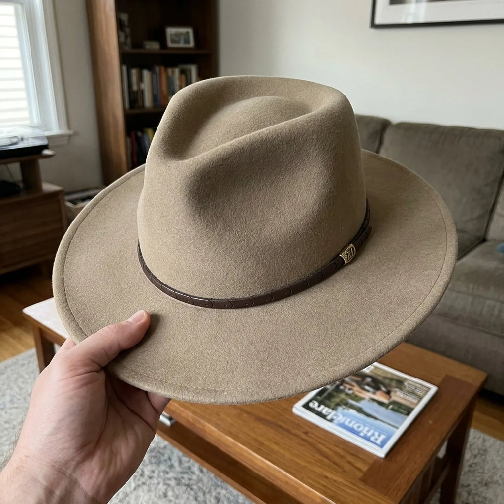 Camel Tan Felt Fedora with Leather Band and Eyelet Detail