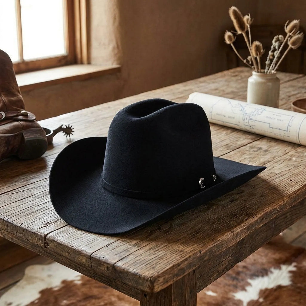 Black Wool Felt Cowboy Hat with Silver Pin Side Detail