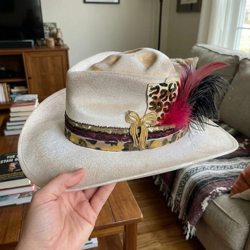 Glam Cream Fedora with Leopard Band and Feather Accent