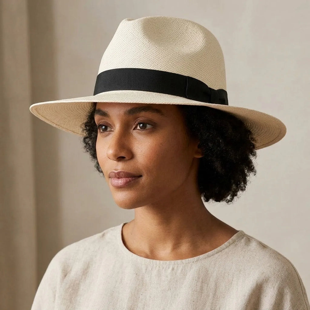 Cream Straw Fedora Hat with Black Grosgrain Band and Pinch Crown