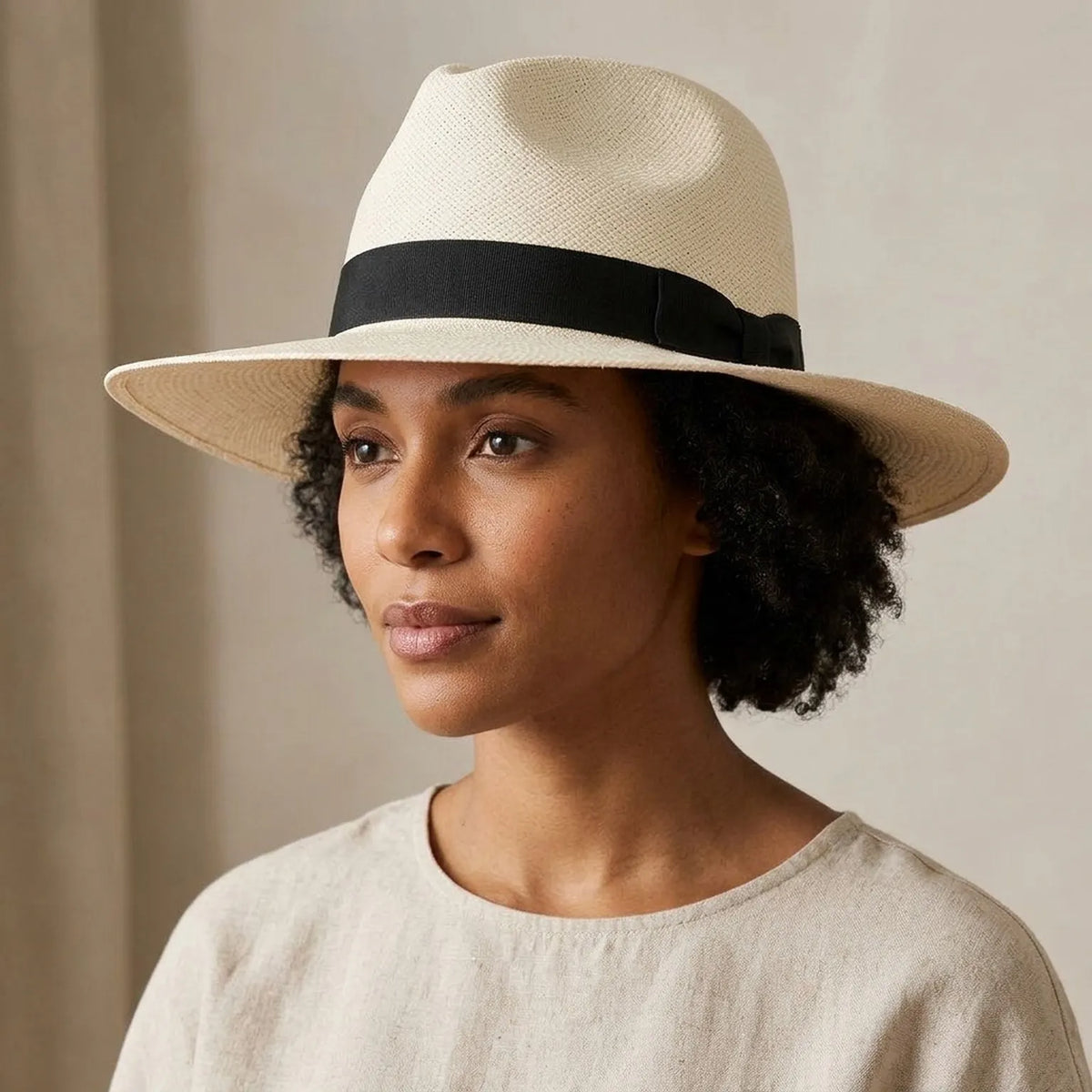 Cream Straw Fedora Hat with Black Grosgrain Band and Pinch Crown