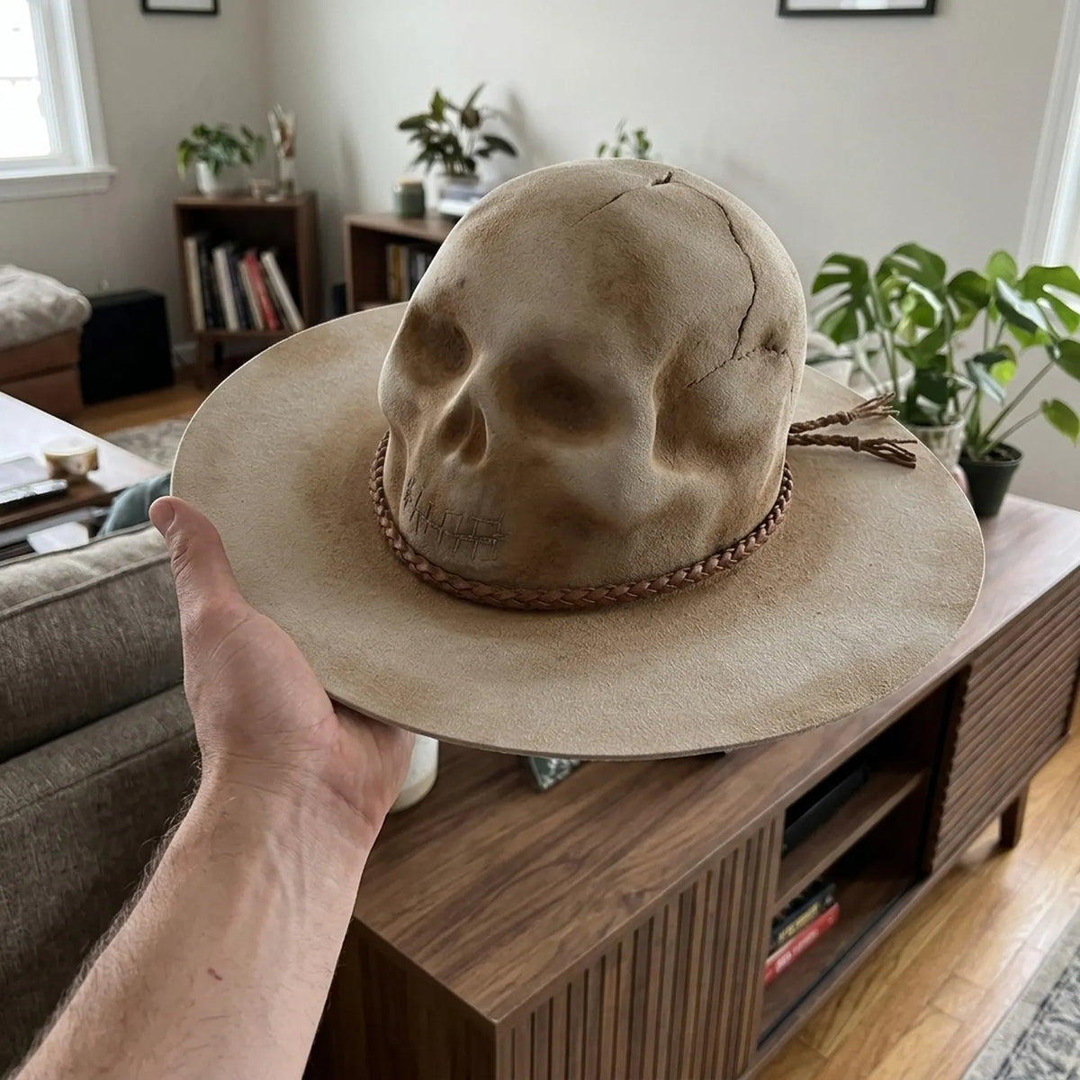 Beige Skull-Crown Fedora with Braided Leather Band Detail
