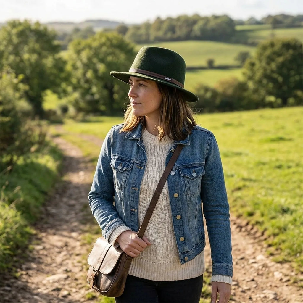 Forest Green Wool Felt Fedora with Brown Leather Band and Buckle