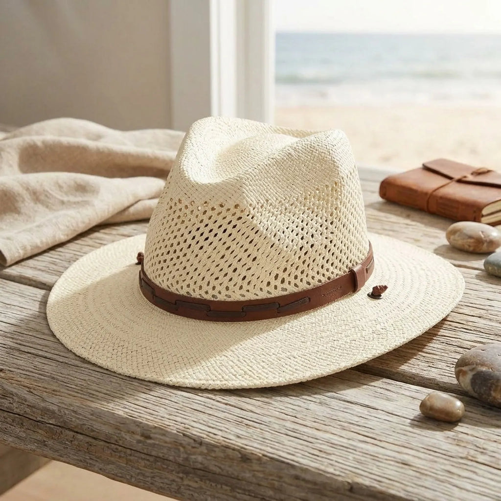 Ivory Straw Fedora Hat with Wood Toggle Band and Open Vent