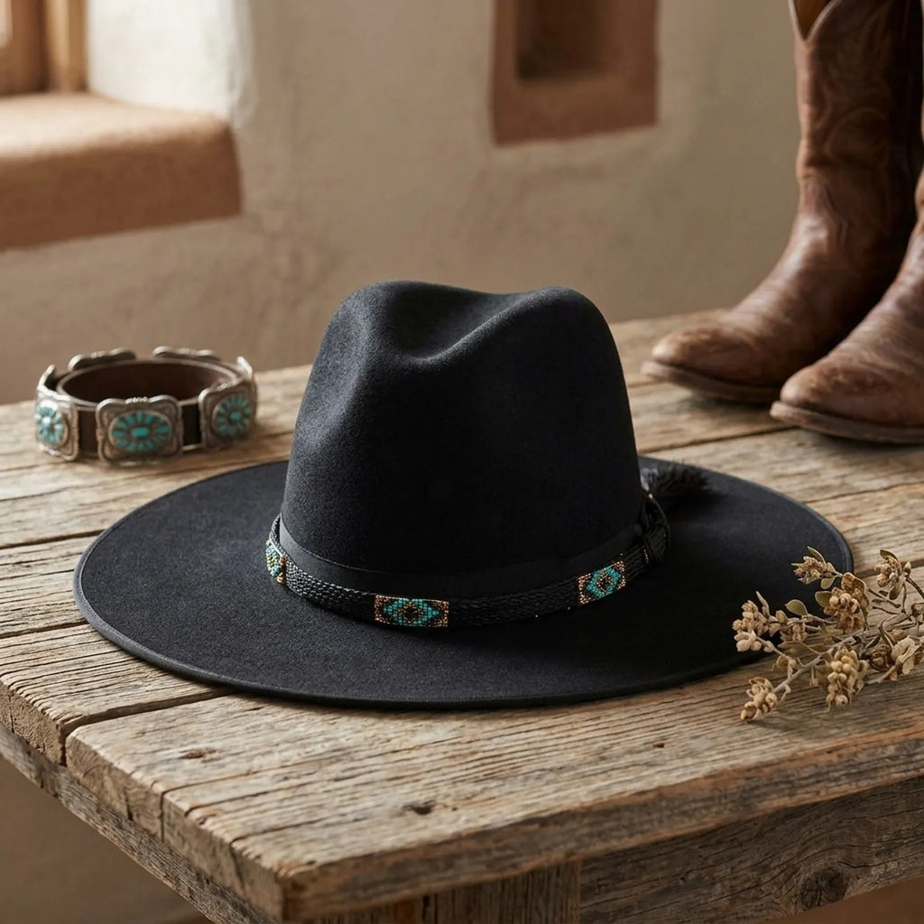 Black Wool Felt Fedora with Turquoise Beaded Diamond Band, Boho