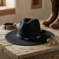 Black Wool Felt Fedora with Turquoise Beaded Diamond Band, Boho