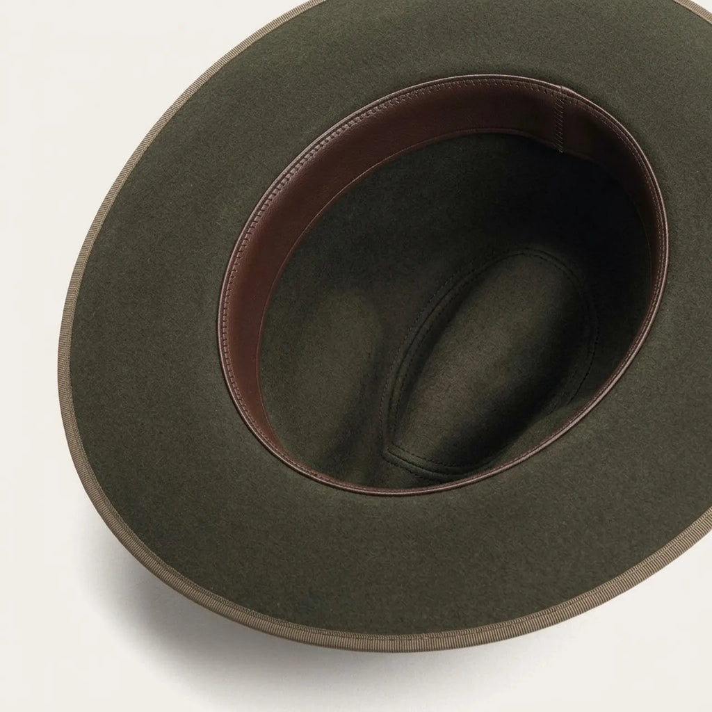 Distressed Olive Felt Fedora with Feather and Bone Accent