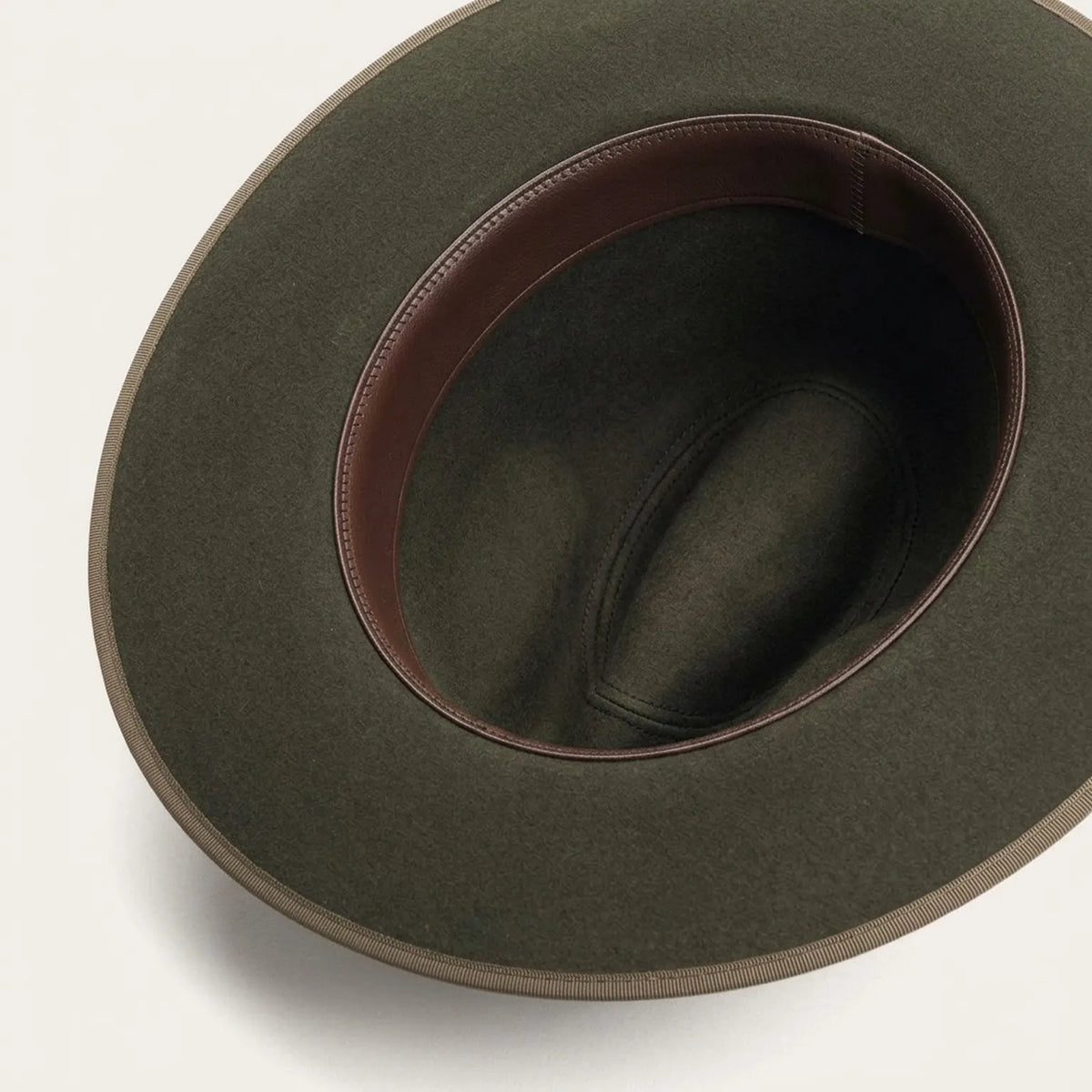 Distressed Olive Felt Fedora with Feather and Bone Accent