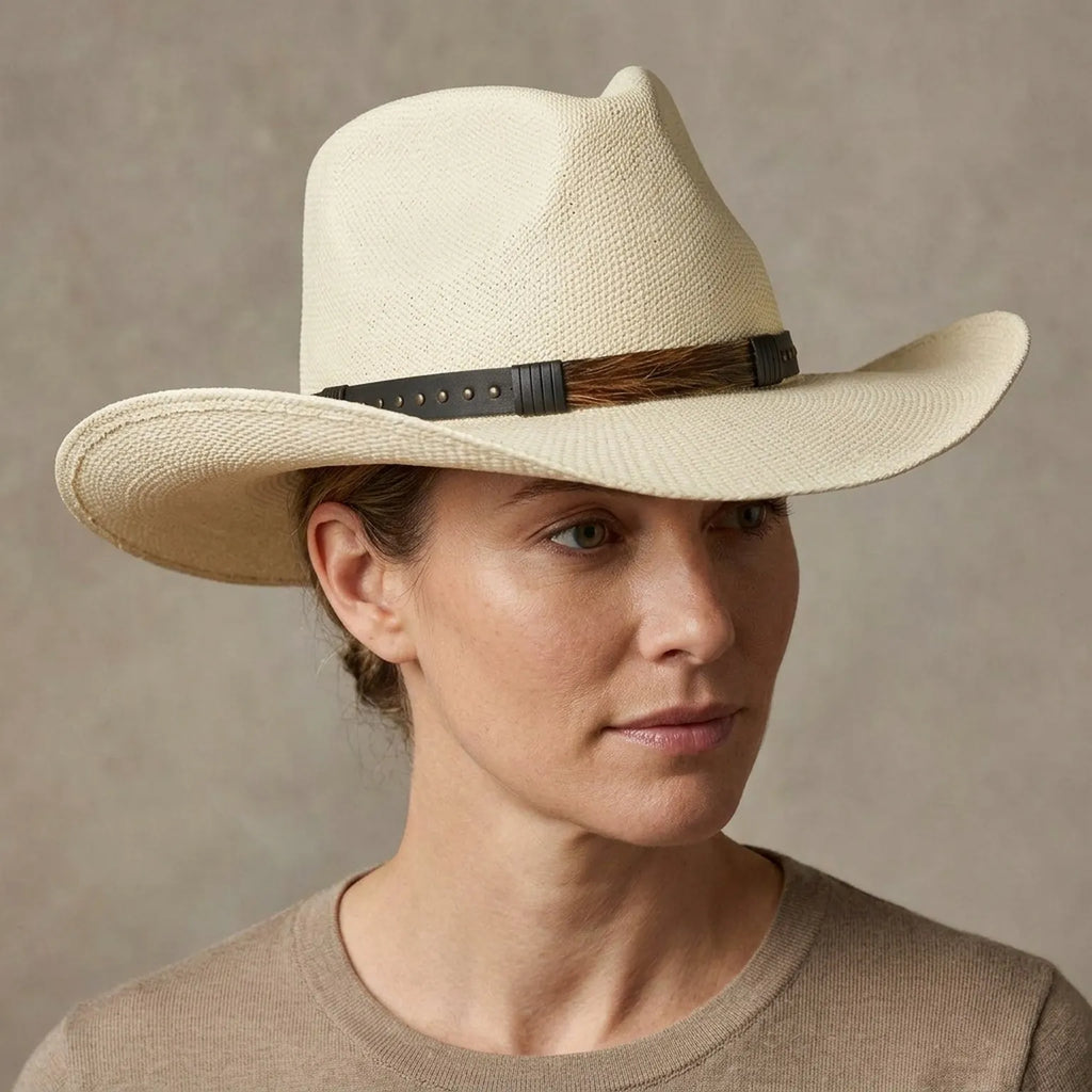 Ivory Straw Western Hat with Leather Band and Wide Brim