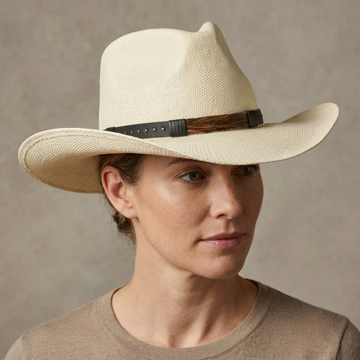Ivory Straw Western Hat with Leather Band and Wide Brim