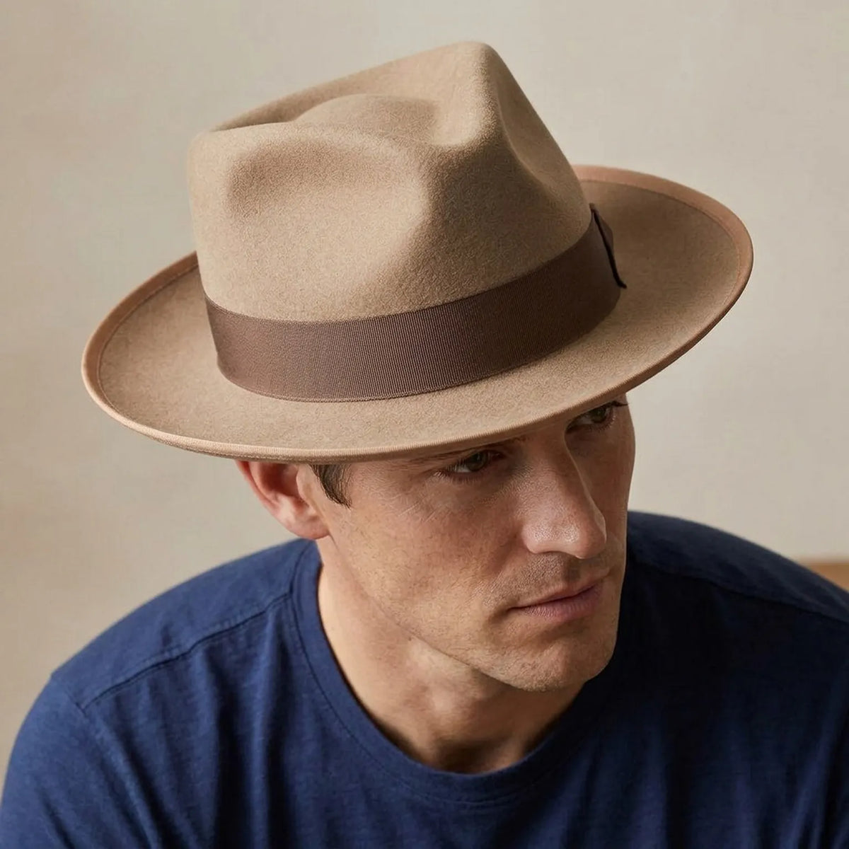 Unisex Camel Wool Felt Fedora Hat with Grosgrain Ribbon Band