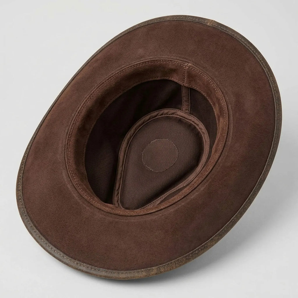 Distressed Brown Leather Cowboy Hat with Chain Accent Band