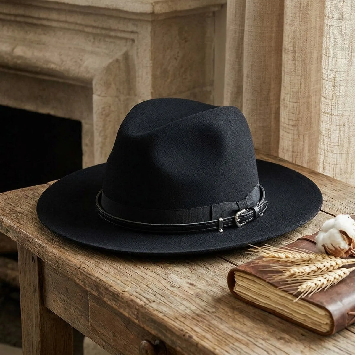 Unisex Black Wool Felt Fedora with Double Strap Band