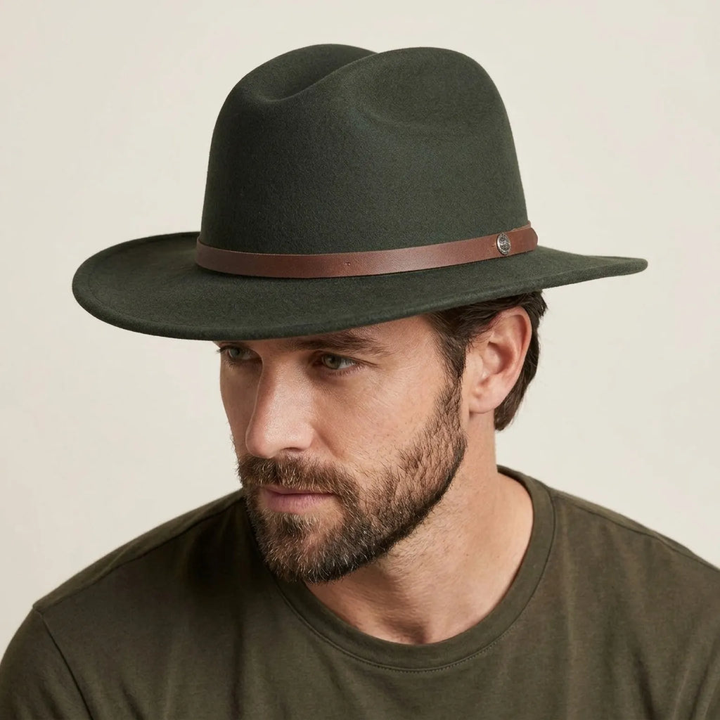 Olive Green Wool Felt Western Hat with Leather Band Unisex