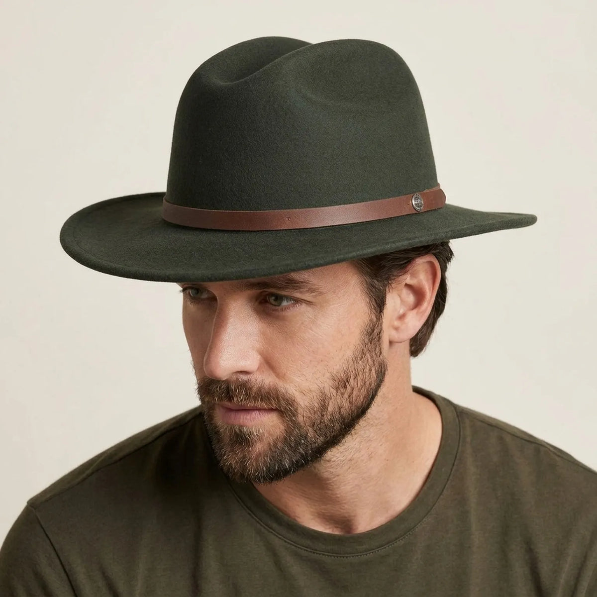 Olive Green Wool Felt Western Hat with Leather Band Unisex