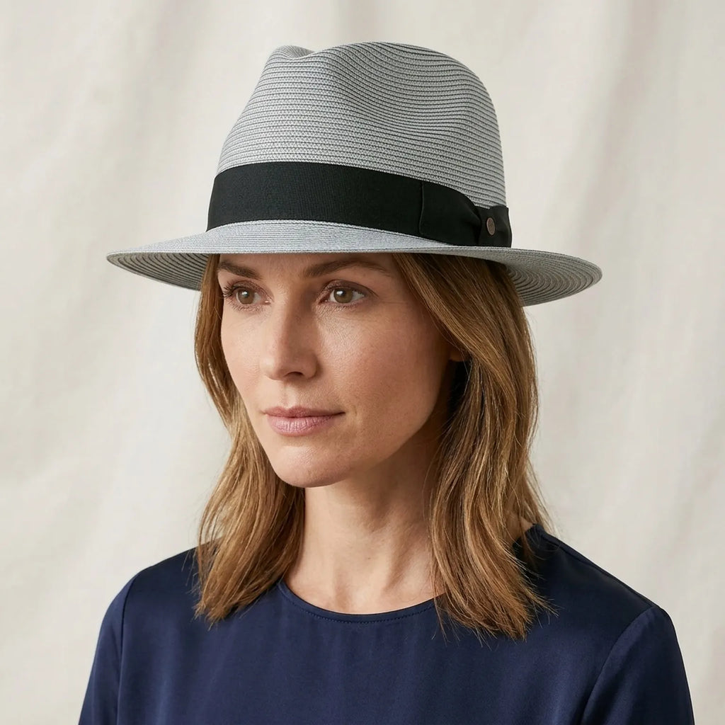 Gray Straw Fedora Hat with Black Ribbon Band for Outdoor Events