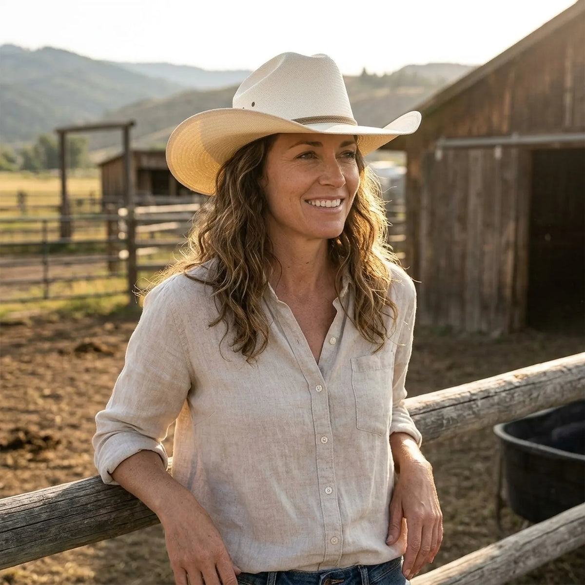 Cream Straw Cowboy Hat with Braided Leather Hatband Detail