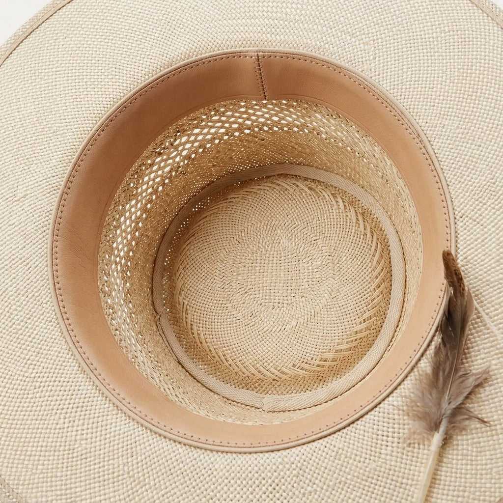 Natural Boater Straw Hat with Vented Crown and Feather
