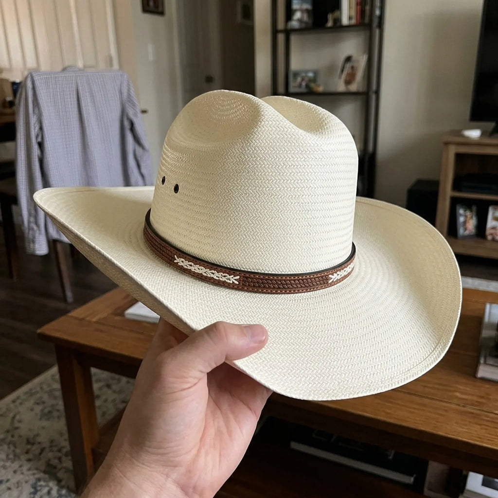 Cream Straw Fedora Hat with Cross-Stitch Leather Hatband