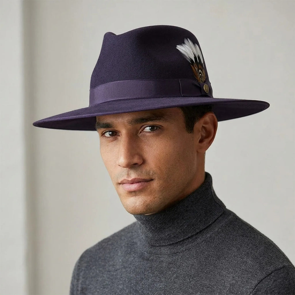 Navy Wool Felt Fedora Hat with Wide Brim and Band