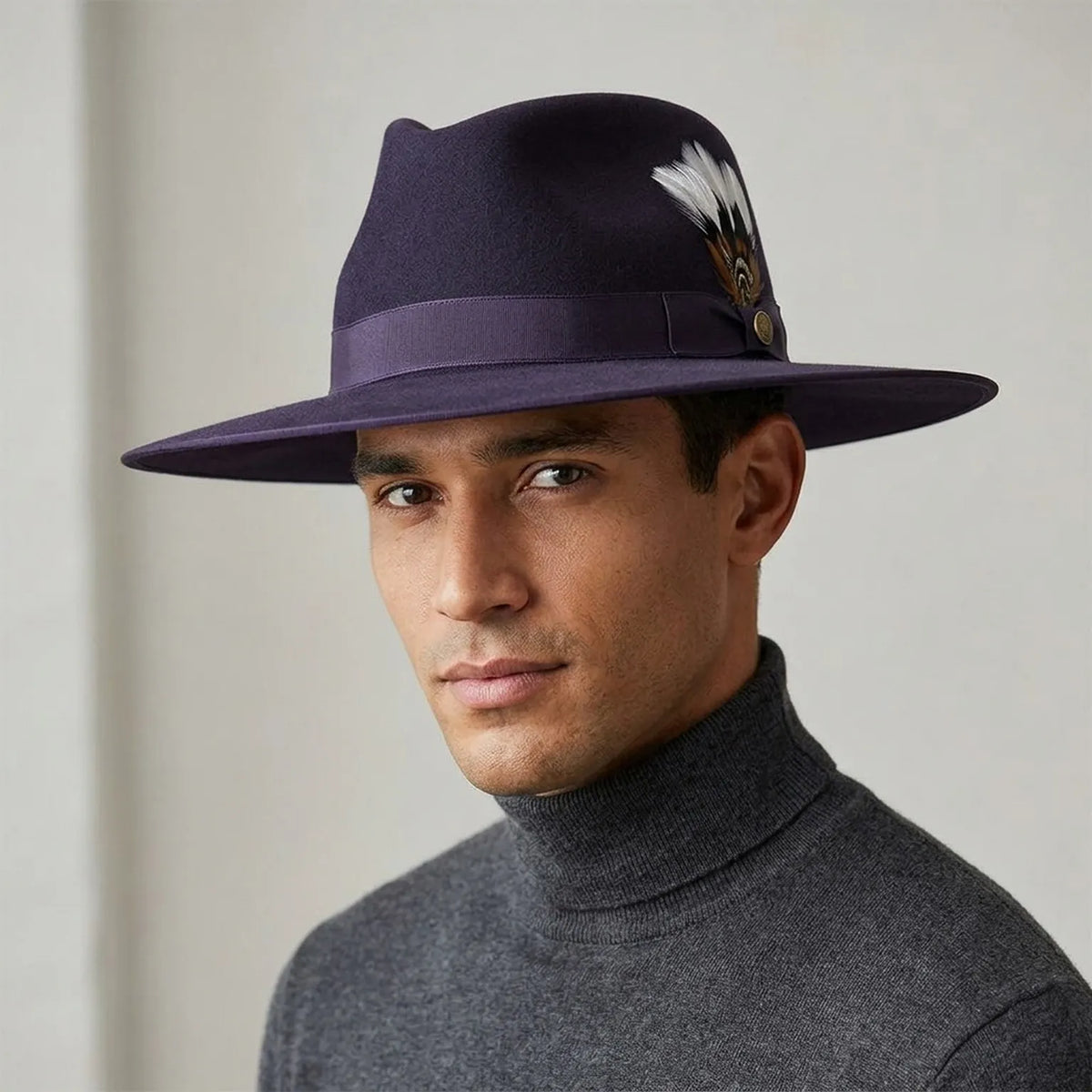 Navy Wool Felt Fedora Hat with Wide Brim and Band