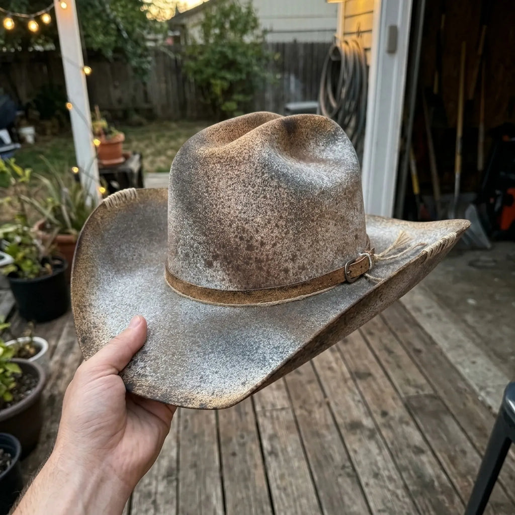 Weathered Gray Cowboy Hat with Leather Band and Stitched Brim