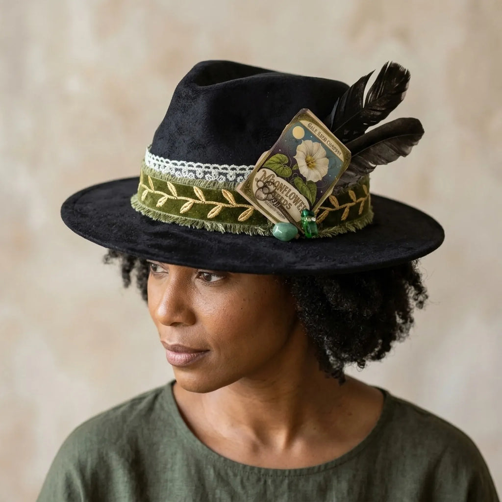Black Fedora with Velvet Ribbon and Moonflower Seed Packet