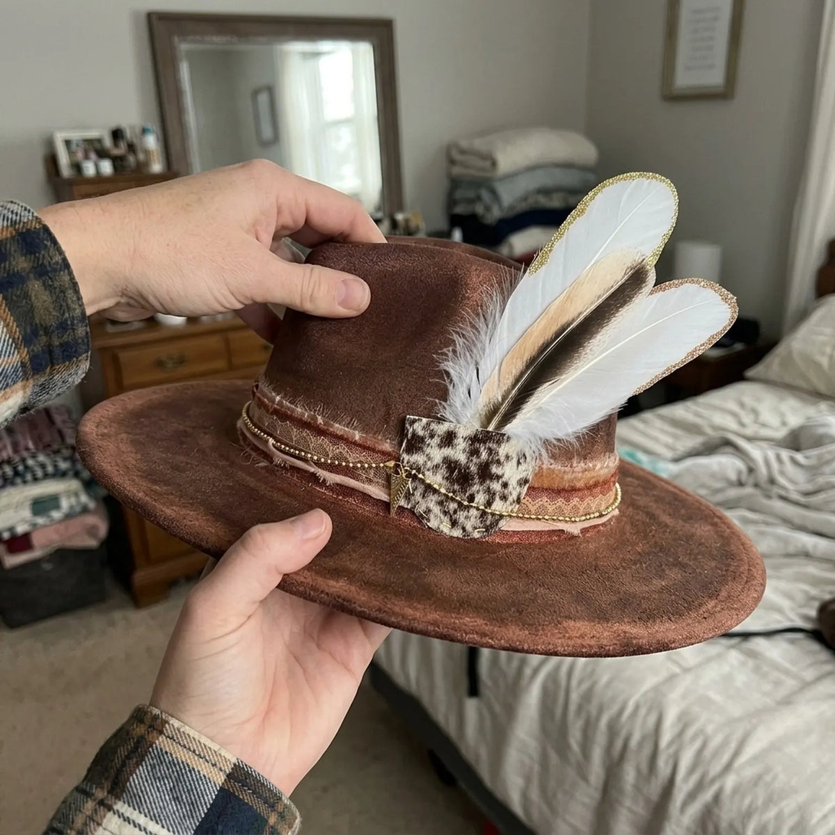 Rust Brown Fedora Lace Band Chain Feathers Leopard Accent Boho Hat