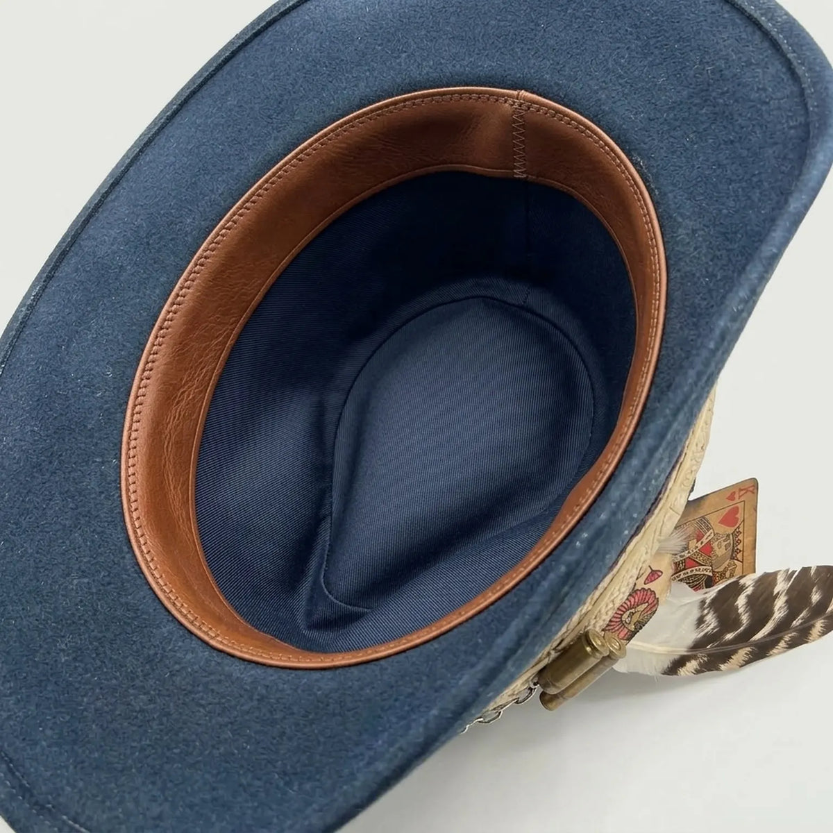 Navy Blue Fedora with Embossed Band, Chain and Playing Card