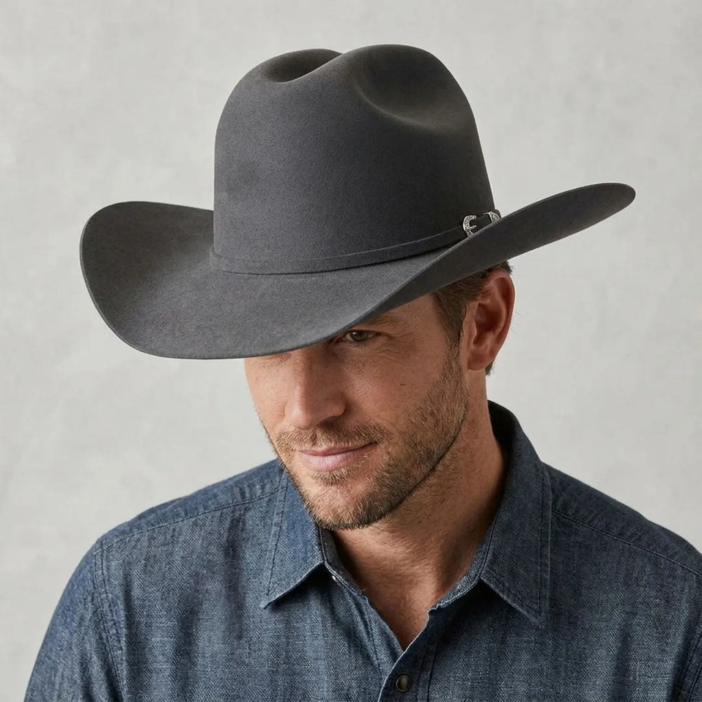 Charcoal Wool Felt Western Hat with Matching Band and Pin Detail