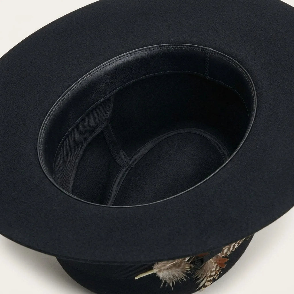Black Wide Brim Wool Felt Fedora Hat with Feather Accent