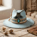 Light Blue Fedora with Turquoise Concho, Lace and Feathers