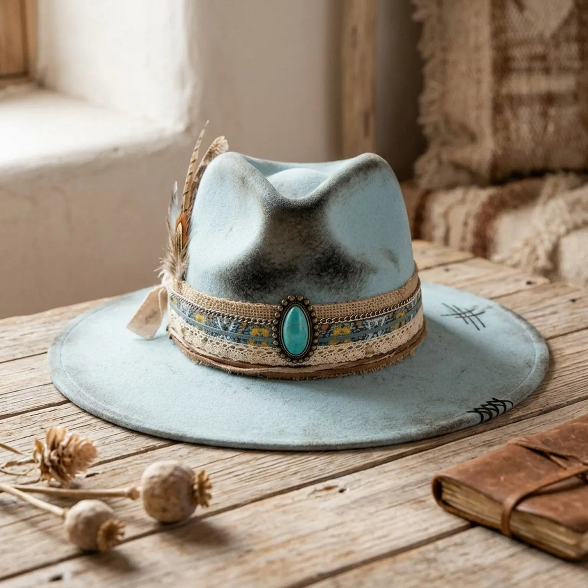 Light Blue Fedora with Turquoise Concho, Lace and Feathers