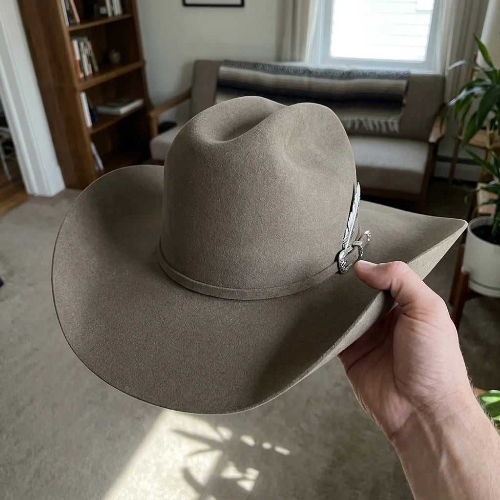 Camel Brown Felt Cowboy Hat with Pinched Crown and Curled Brim
