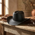 Black Straw Western Hat with Vented Crown and Ribbon Tie