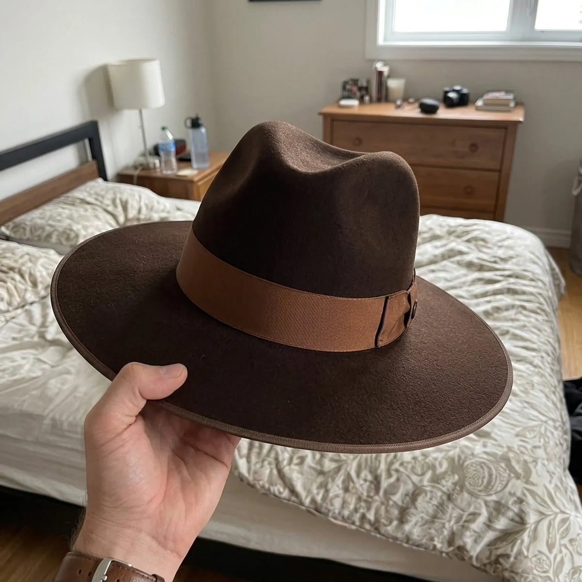 Dark Brown Felt Fedora with Caramel Ribbon and Edge Trim