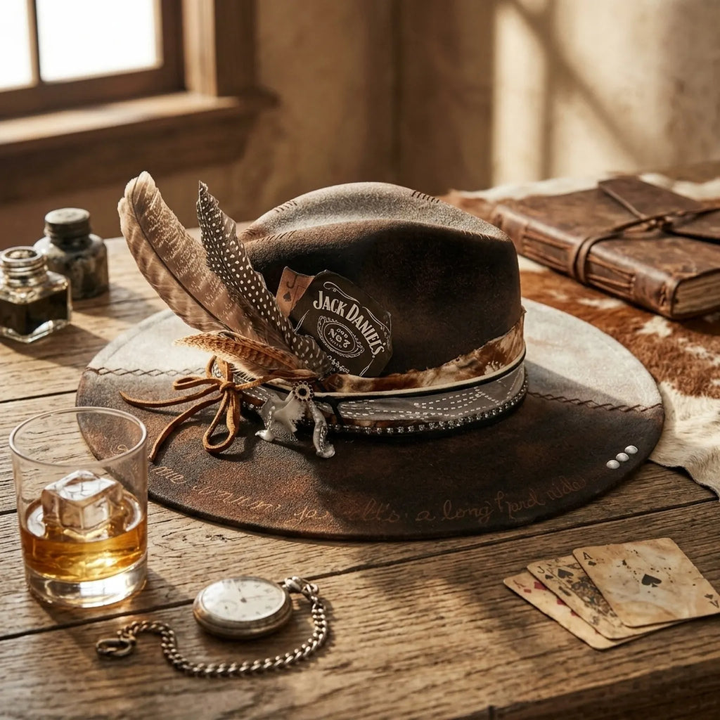 Dark Brown Fedora with Whiskey Patch, Feathers and Bullet Charm