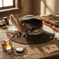 Dark Brown Fedora with Whiskey Patch, Feathers and Bullet Charm